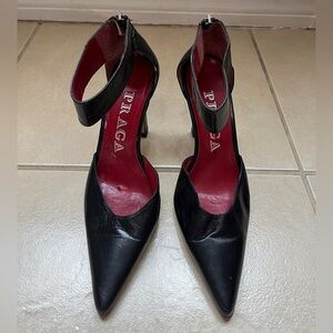 Praga Women’s Sz 6.5 Black Leather Ankle Strap Pointed Toe Heel Shoes Made Spain